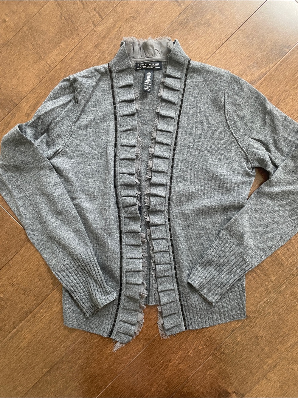 Banana Republic Gray Ruffle-Trim Open-Front Cardigan